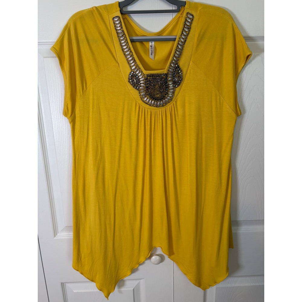 White Mark Mustard Yellow Beaded Neckline Sharkbite Hem Tunic Top 1XL Womens